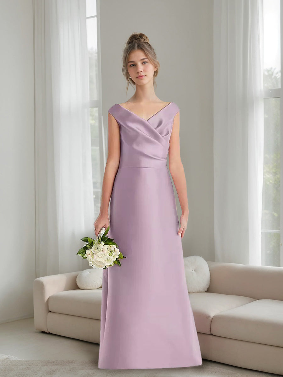 Robe demoiselle d'honneur junior ligne A, col V, drapé, longueur sol, poches