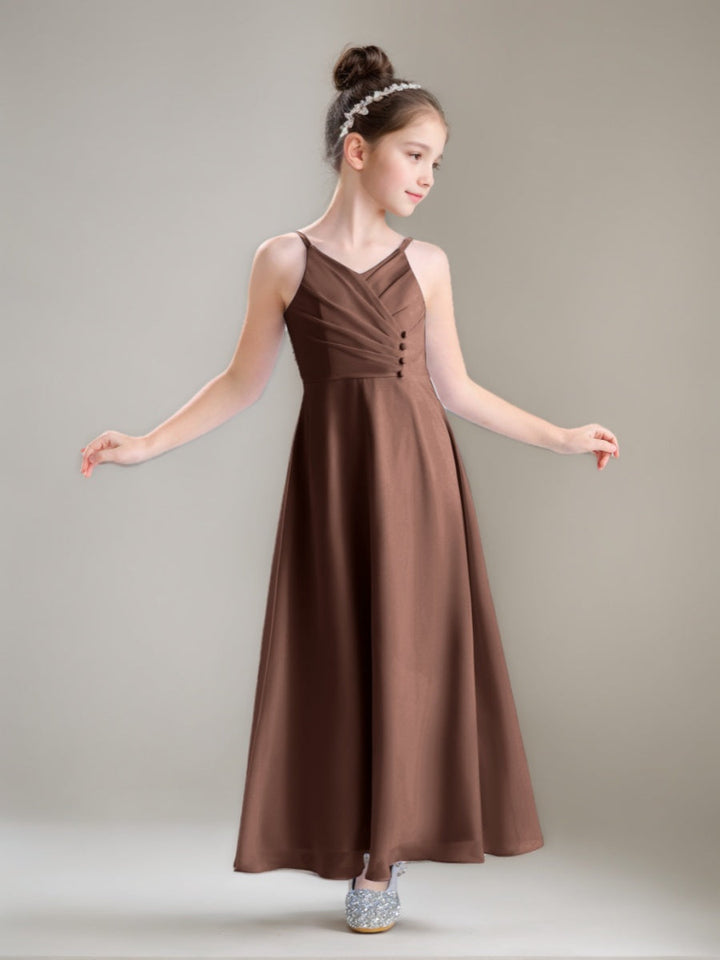 Robe demoiselle d'honneur junior ligne A, bretelles spaghetti col V, drapé, longueur cheville