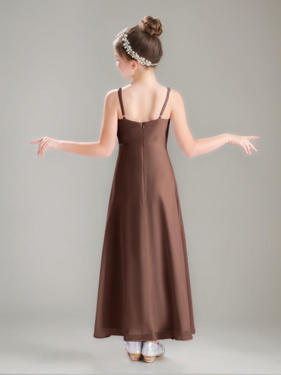Robe demoiselle d'honneur junior ligne A, bretelles spaghetti col V, drapé, longueur cheville