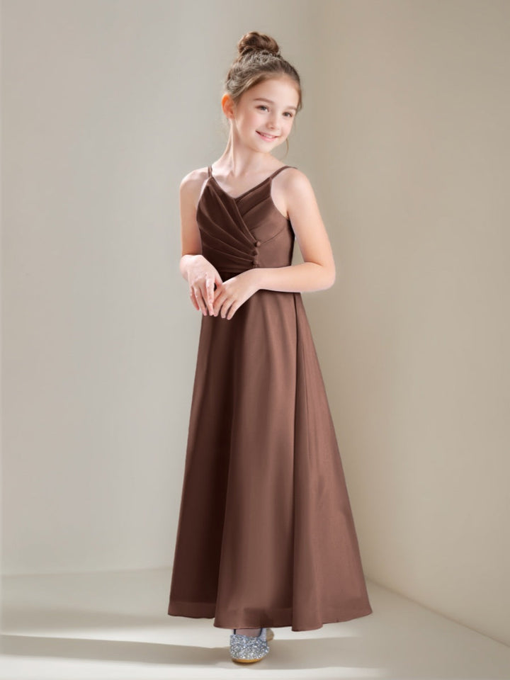 Robe demoiselle d'honneur junior ligne A, bretelles spaghetti col V, drapé, longueur cheville