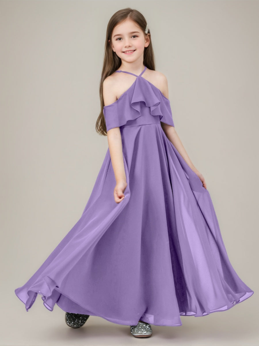 Robe demoiselle d'honneur junior ligne A, halter, longueur sol, volants