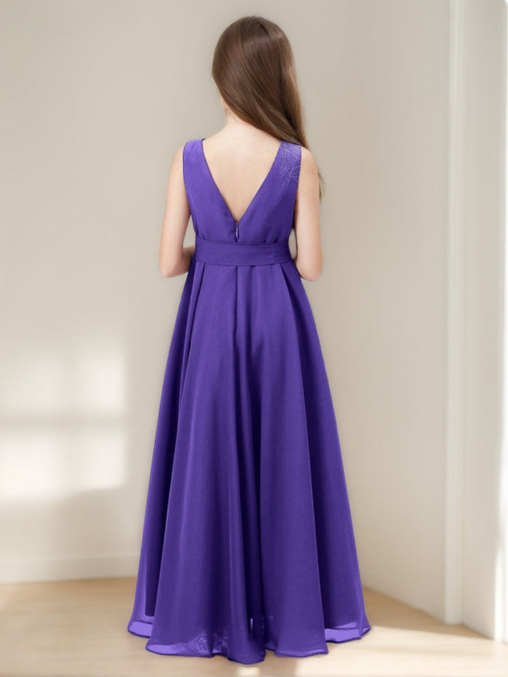 Robe demoiselle d'honneur junior ligne A, col drapé, sans manches, asymétrique, nœud, volants