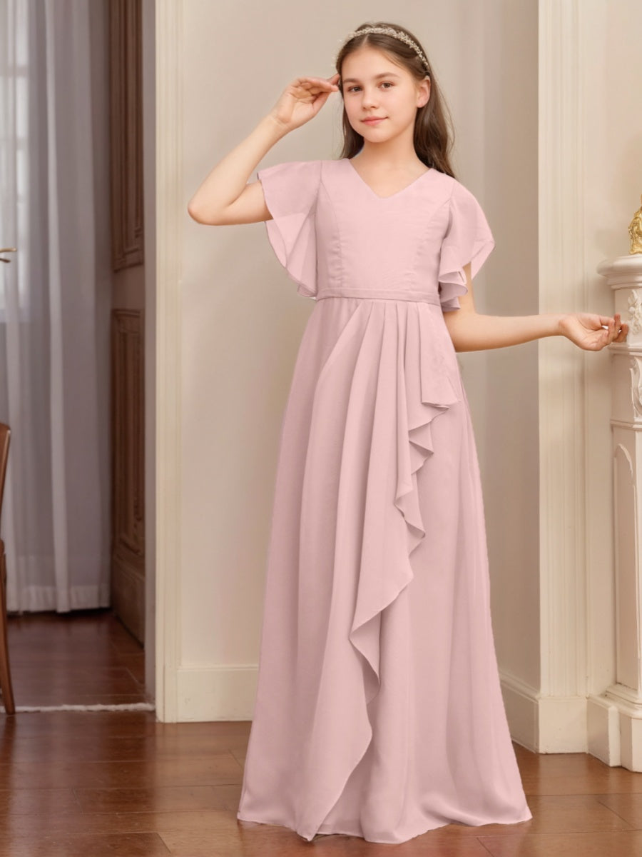 Robe demoiselle d'honneur junior ligne A, col V, manches courtes, drapé, longueur sol, volants