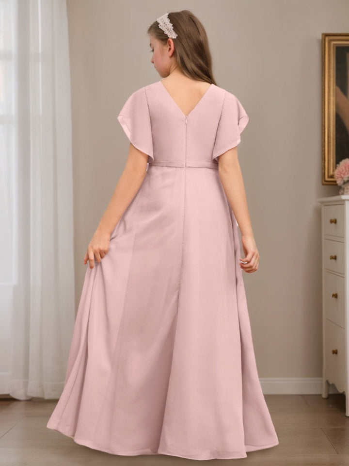 Robe demoiselle d'honneur junior ligne A, col V, manches courtes, drapé, longueur sol, volants