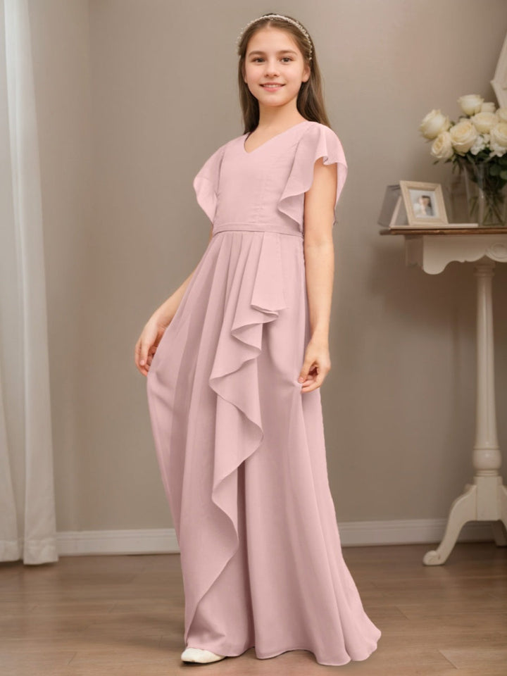 Robe demoiselle d'honneur junior ligne A, col V, manches courtes, drapé, longueur sol, volants
