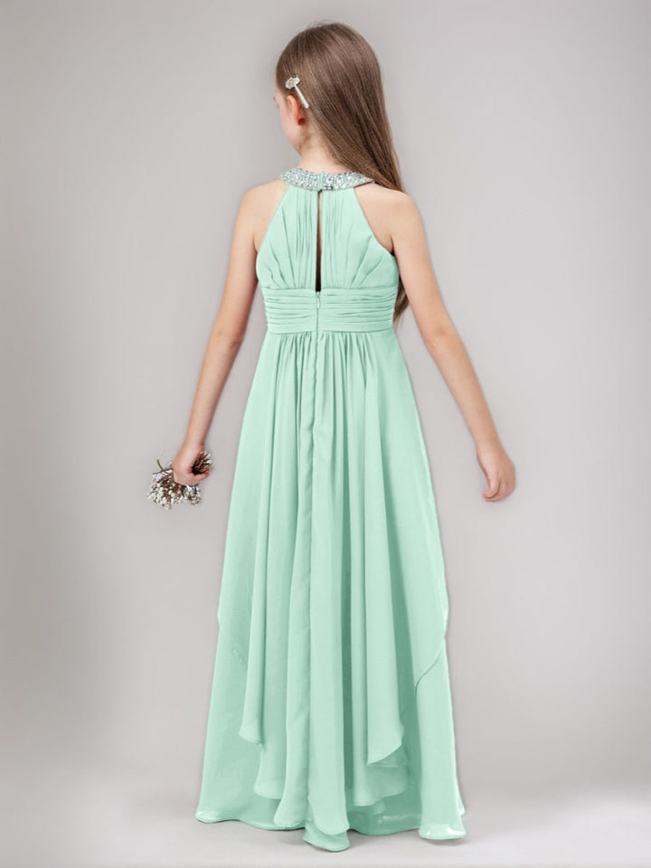 Robe demoiselle d'honneur junior ligne A, halter perles, drapé, longueur sol, volants