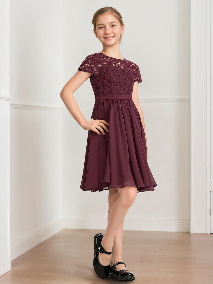 Robe demoiselle d'honneur junior ligne A, col rond, manches courtes, longueur genou, plissé, nœud ceinture