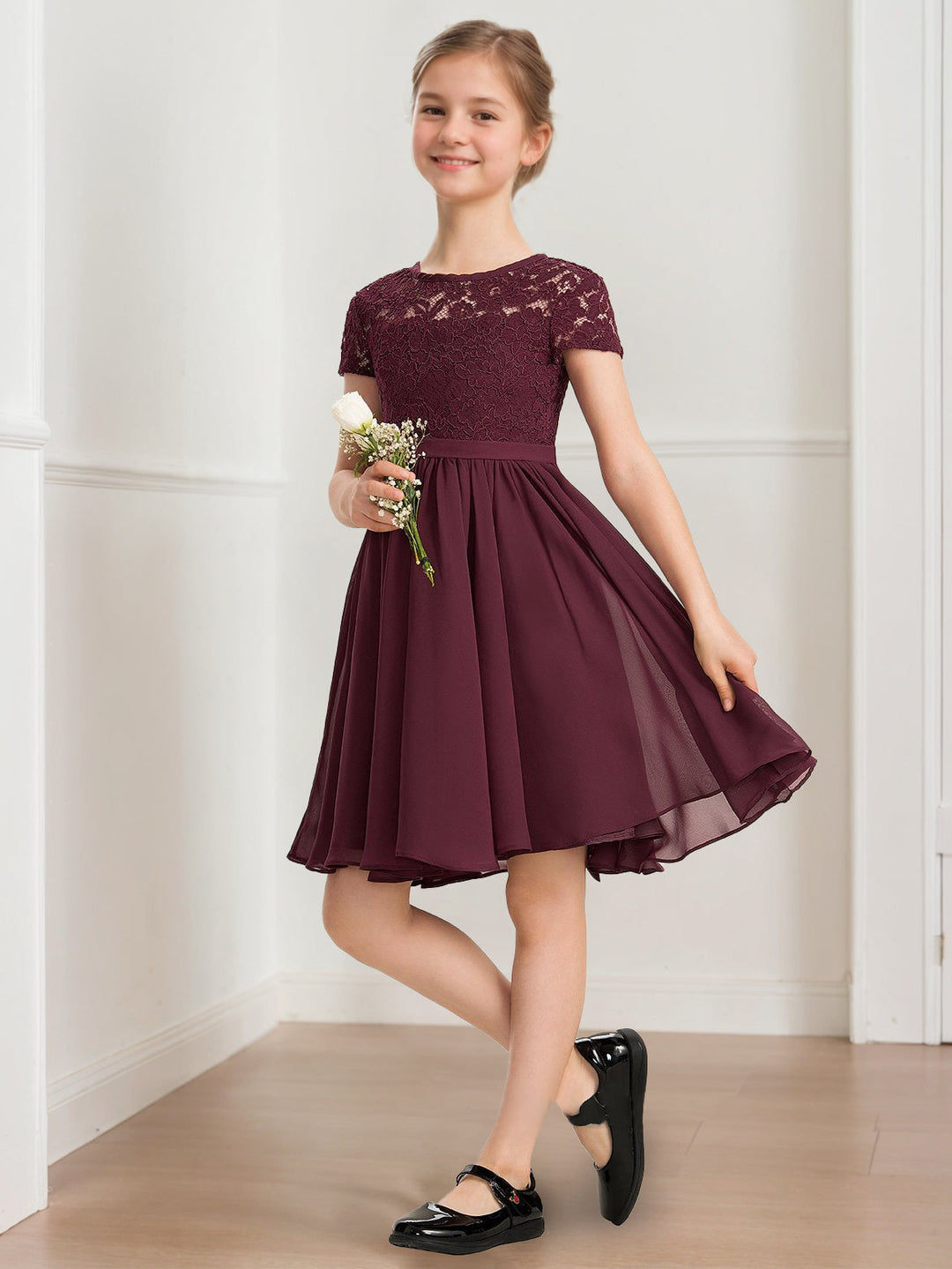 Robe demoiselle d'honneur junior ligne A, col rond, manches courtes, longueur genou, plissé, nœud ceinture