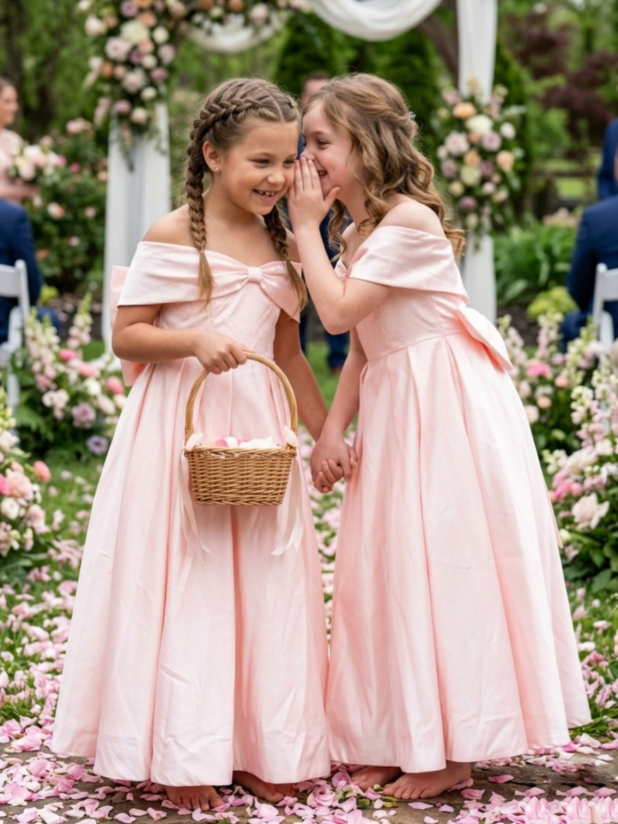 Robe pour Fille de Fleur, Ligne A/Princesse, Hors de l'épaule, Longueur au Sol, Sans Manches, Nœud Papillon