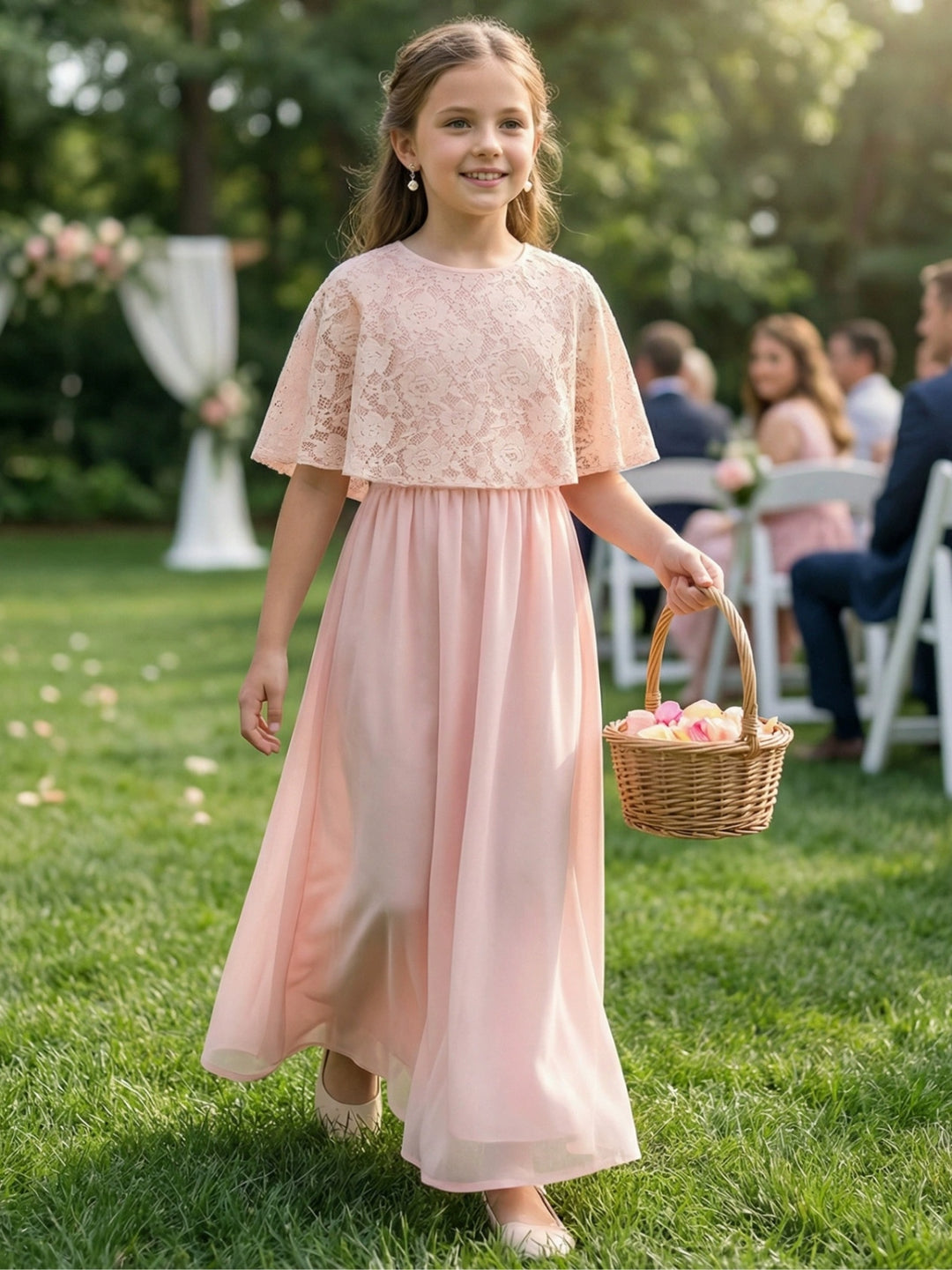 Robe pour Fille de Fleur, Ligne A/Princesse, Col Rond, Longueur au Sol, Sans Manches, Dentelle