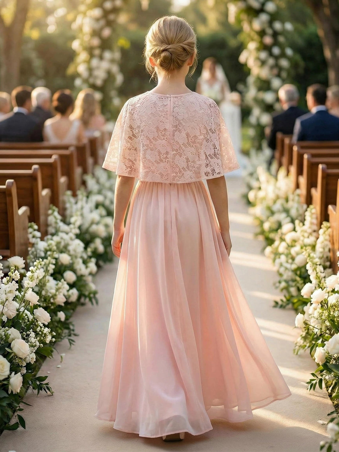 Robe pour Fille de Fleur, Ligne A/Princesse, Col Rond, Longueur au Sol, Sans Manches, Dentelle