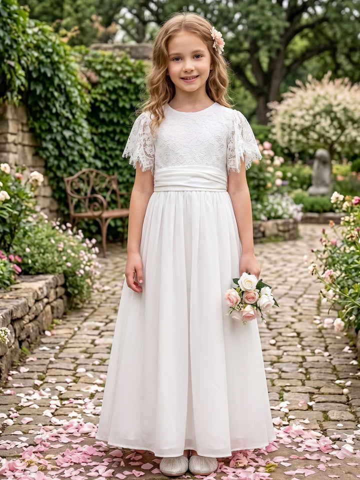 Robe pour Fille de Fleur, Ligne A/Princesse, Col Rond, Longueur de la Cheville, Sans Manches, Dentelle, Mousseline