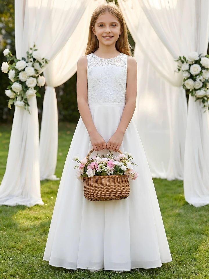 Robe pour Fille de Fleur, Ligne A/Princesse, Col Rond, Longueur au Sol, Sans Manches, Dentelle