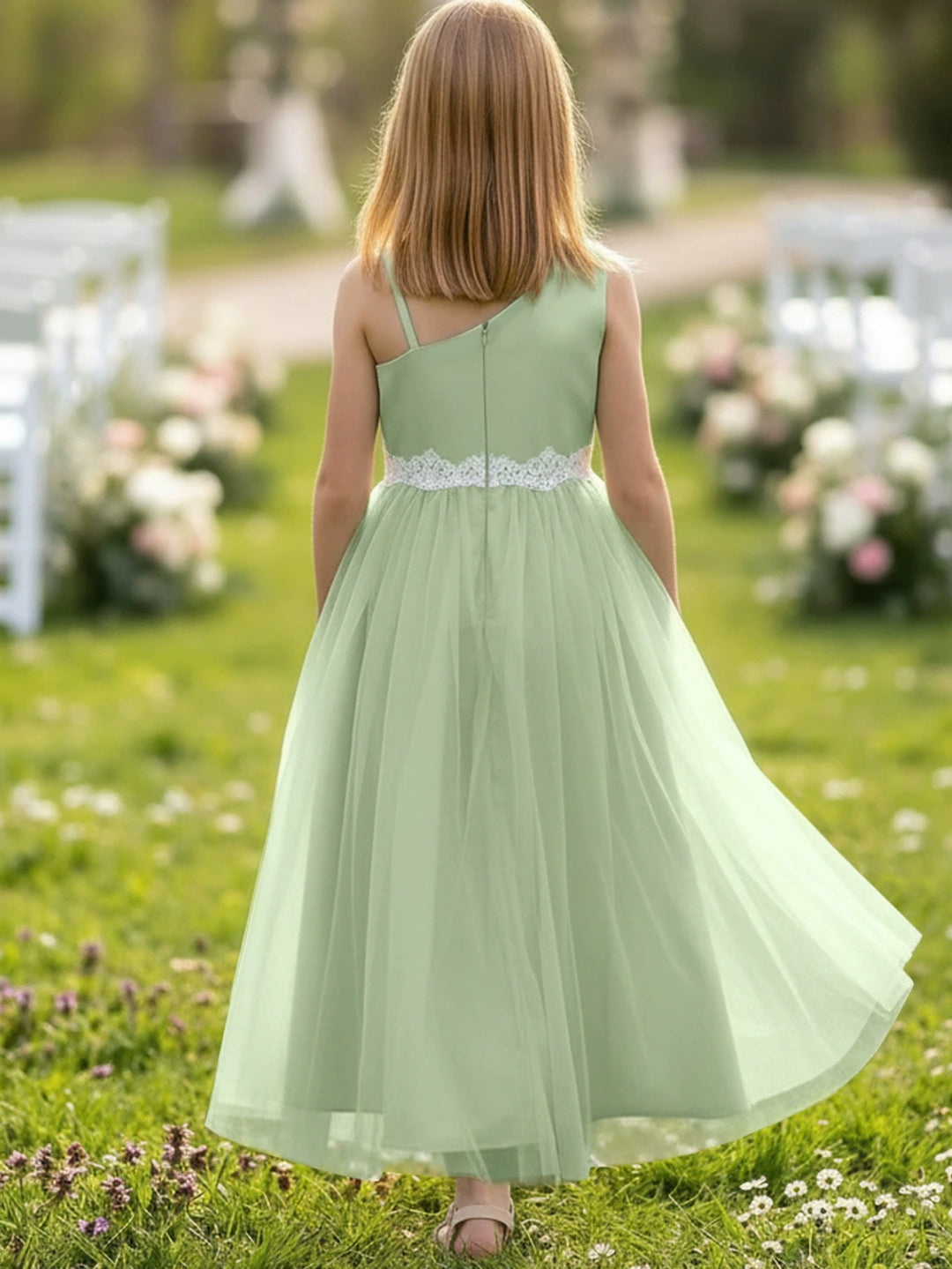 Robe pour Fille de Fleur, Ligne A/Princesse, Col Asymétrique, Longueur au Sol, Sans Manches, Dentelle