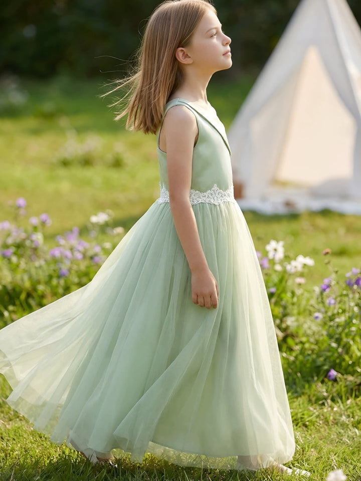 Robe pour Fille de Fleur, Ligne A/Princesse, Col Asymétrique, Longueur au Sol, Sans Manches, Dentelle
