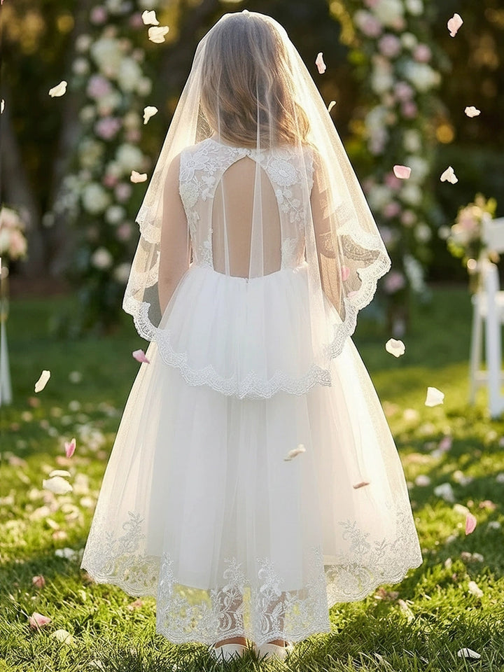 Robe pour Fille de Fleur, Ligne A/Princesse, Col Rond, Longueur de la Cheville, Manches Courtes, Dentelle, Tulle