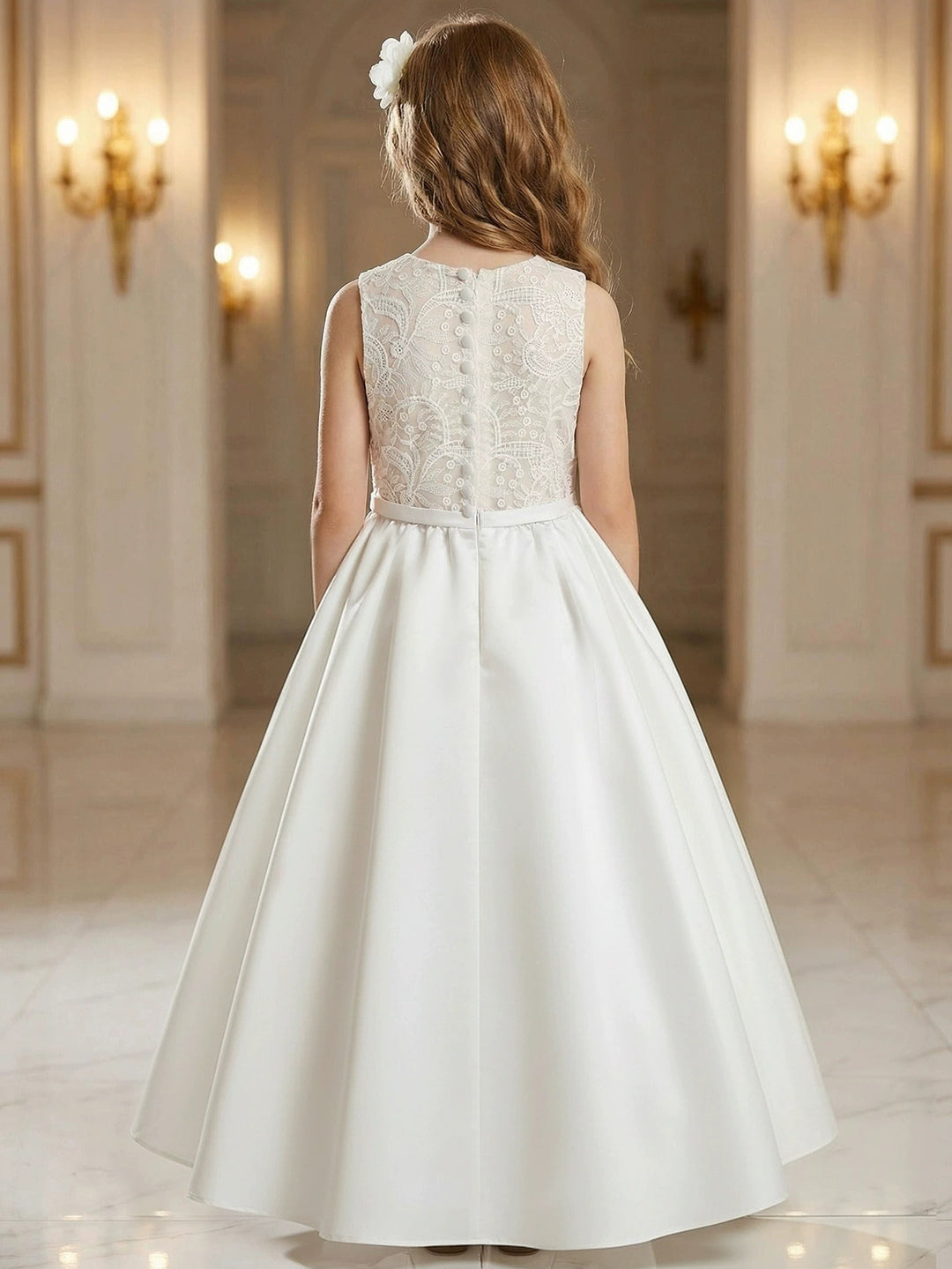 Robe pour Fille de Fleur, Ligne A/Princesse, Col Rond, Longueur de la Cheville, Sans Manches, Dentelle