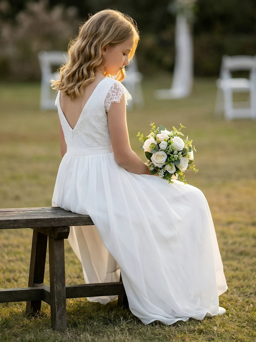 Robe pour Fille de Fleur, Ligne A/Princesse, Col Rond, Longueur de la Cheville, Manches Courtes, Dentelle, Tulle