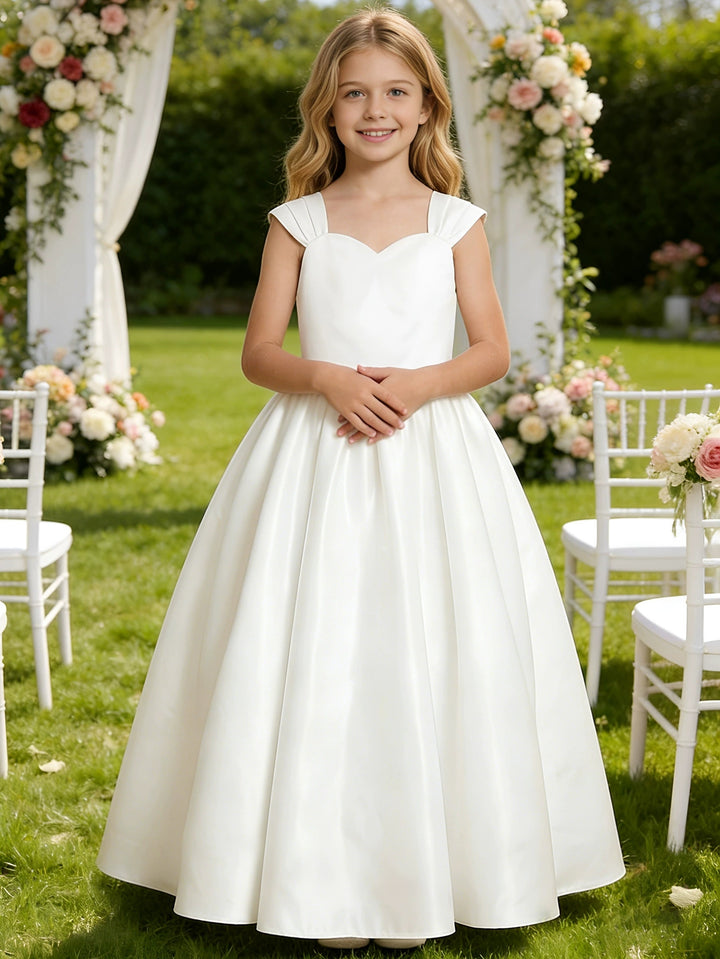 Robe pour Fille de Fleur, Ligne A/Princesse, Col Cœur, Longueur au Sol, Sans Manches, Satin, Nœud Papillon
