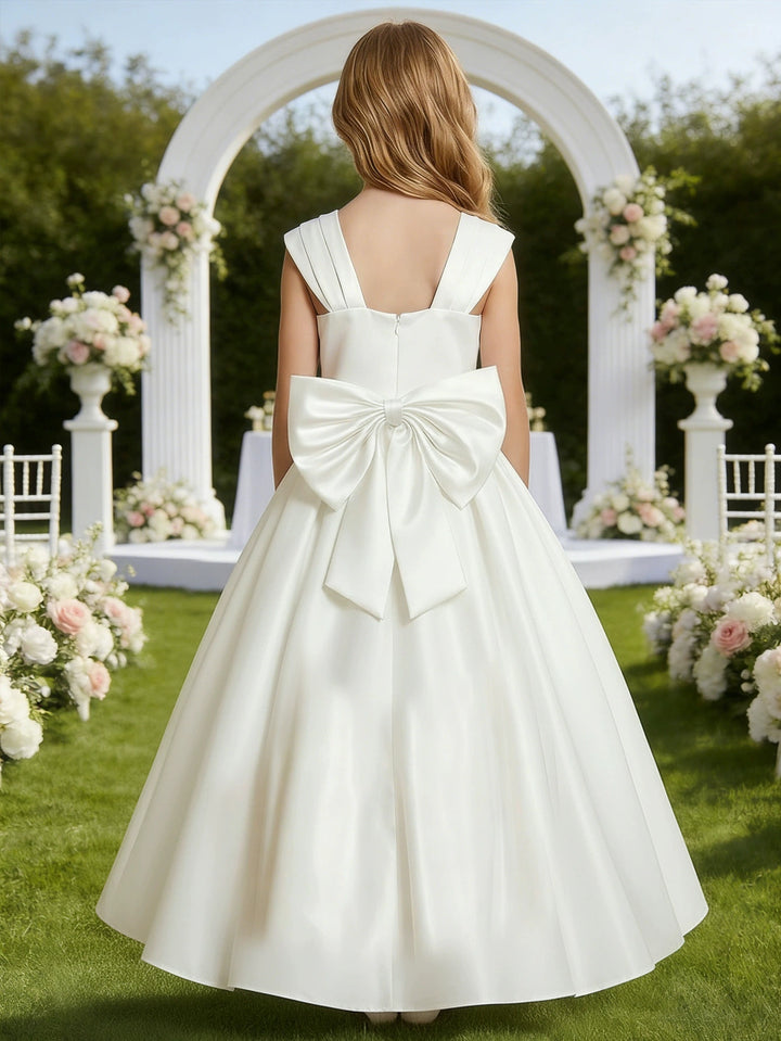 Robe pour Fille de Fleur, Ligne A/Princesse, Col Cœur, Longueur au Sol, Sans Manches, Satin, Nœud Papillon