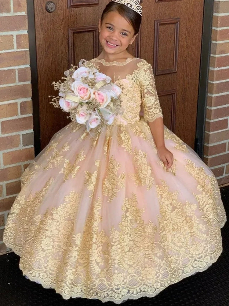 Robe pour Fille de Fleur, Ligne A/Princesse, Col Rond, Longueur au Sol, Manches Mi-longues, Dentelle, Nœud Papillon