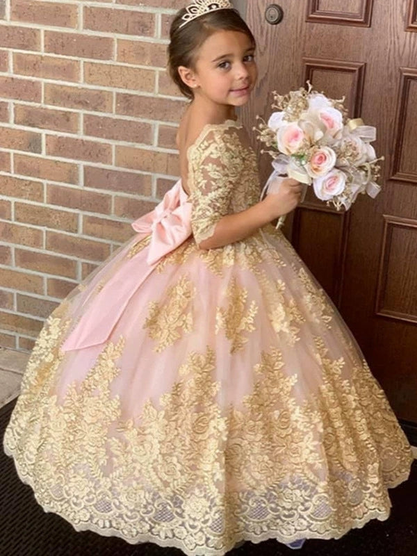 Robe pour Fille de Fleur, Ligne A/Princesse, Col Rond, Longueur au Sol, Manches Mi-longues, Dentelle, Nœud Papillon