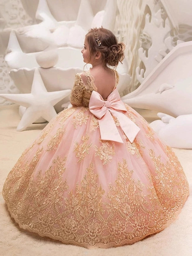 Robe pour Fille de Fleur, Ligne A/Princesse, Col Rond, Longueur au Sol, Manches Mi-longues, Dentelle, Nœud Papillon