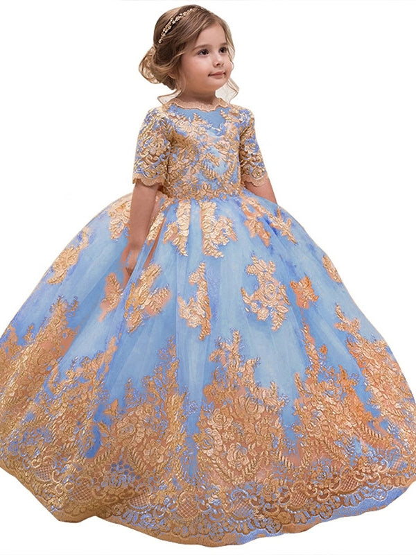 Robe pour Fille de Fleur, Ligne A/Princesse, Col Rond, Longueur au Sol, Manches Mi-longues, Dentelle, Nœud Papillon