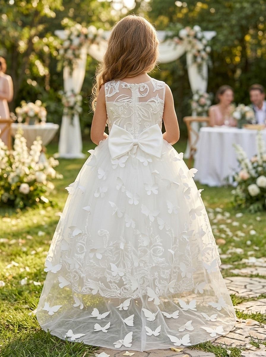 Robe pour Fille de Fleur, Ligne A/Princesse, Col Rond, Longueur au Sol, Sans Manches, Papillon 3D&Nœud Papillon