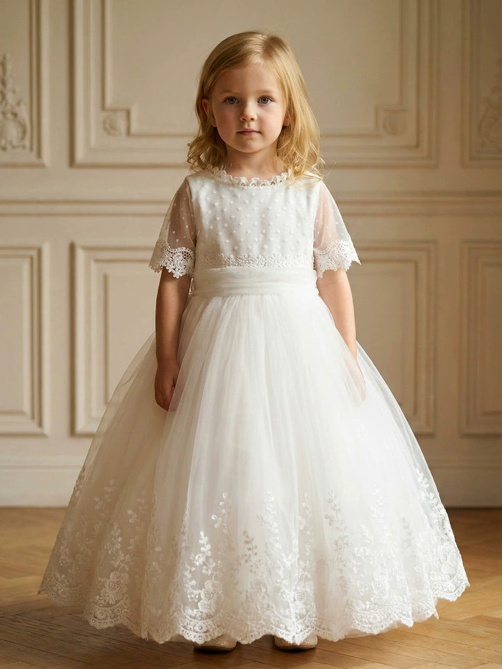 Robe pour Fille de Fleur, Ligne A/Princesse, Col Rond, Longueur au Sol, Manches Mi-longues, Dentelle