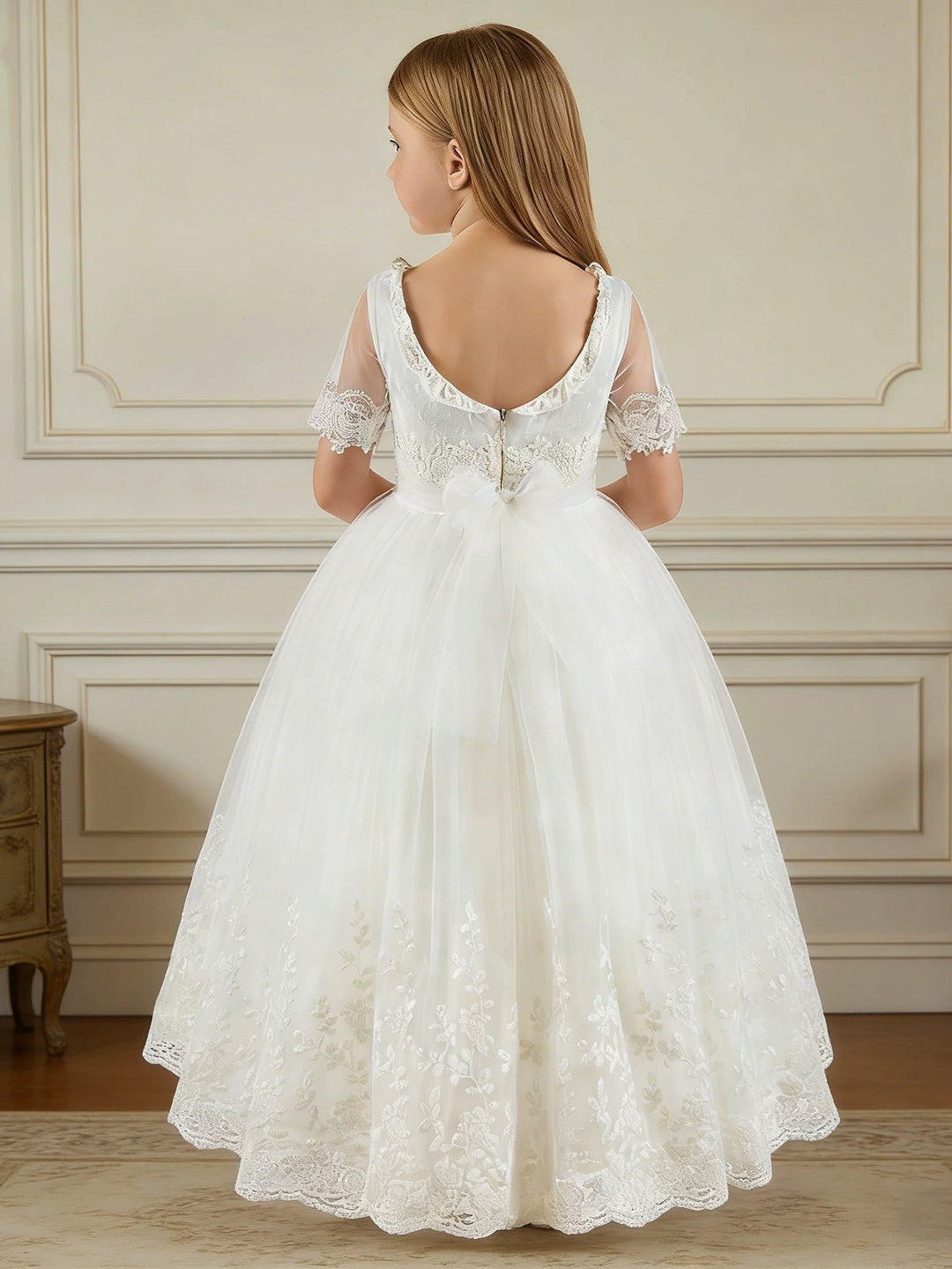 Robe pour Fille de Fleur, Ligne A/Princesse, Col Rond, Longueur au Sol, Manches Mi-longues, Dentelle