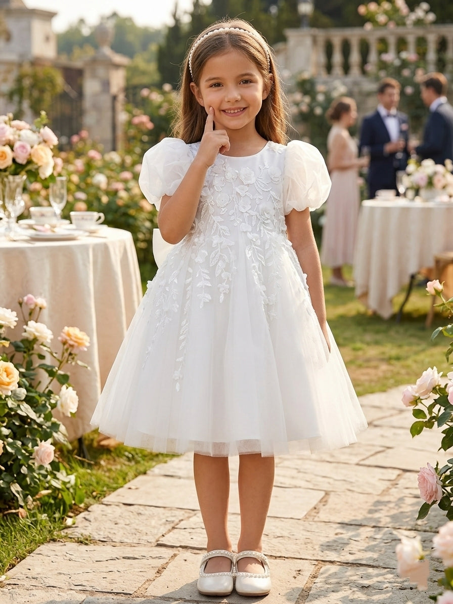 Robe pour Fille de Fleur, Ligne A/Princesse, Col Rond, Longueur du Thé, Manches Bouffantes, Nœud Papillon