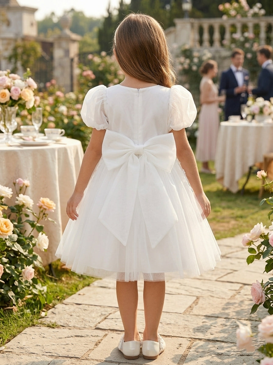 Robe pour Fille de Fleur, Ligne A/Princesse, Col Rond, Longueur du Thé, Manches Bouffantes, Nœud Papillon