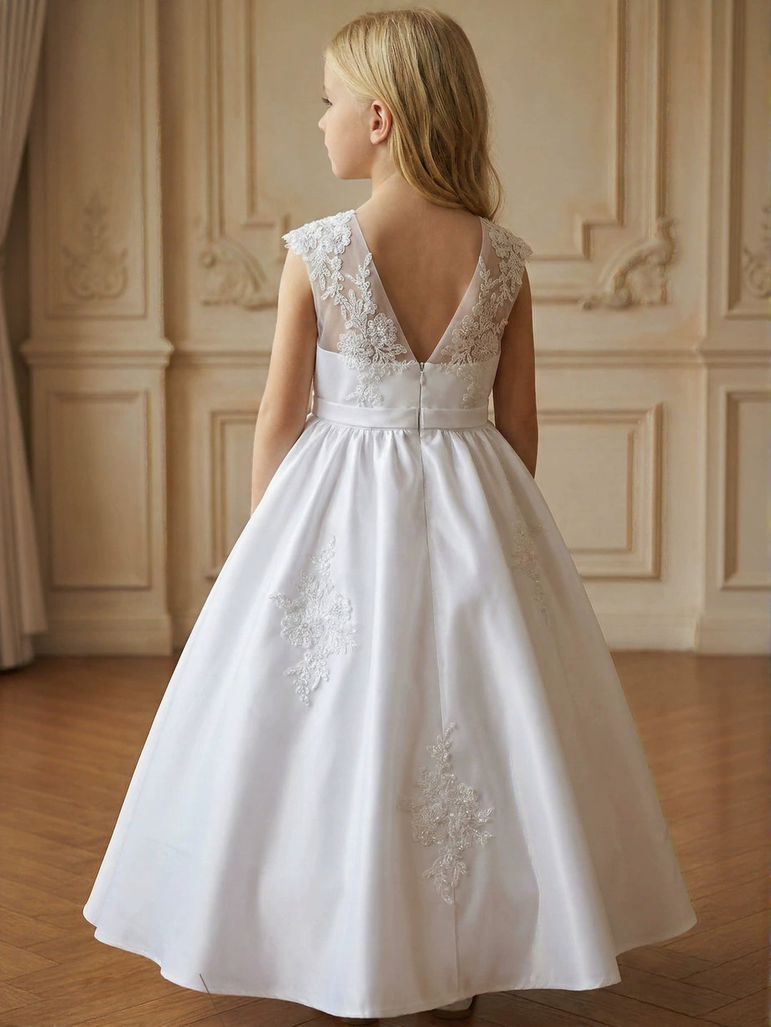 Robe pour Fille de Fleur, Ligne A/Princesse, Col en V, Longueur au Sol, Sans Manches, Satin, Broderie