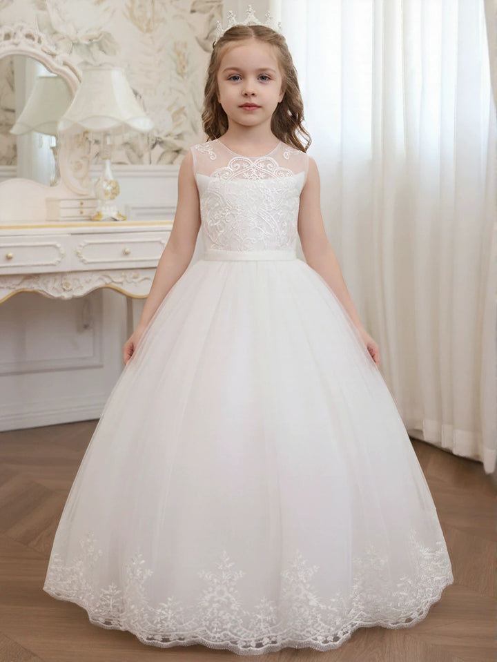 Robe pour Fille de Fleur, Ligne A/Princesse, Col Rond, Longueur au Sol, Sans Manches, Dentelle