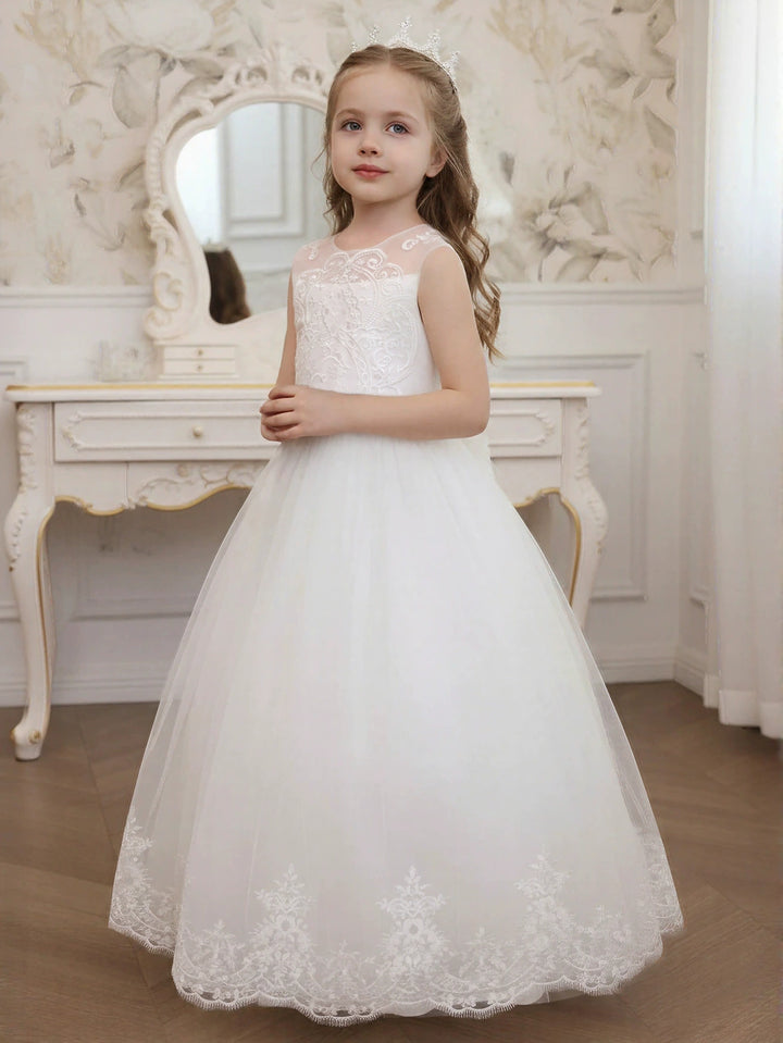 Robe pour Fille de Fleur, Ligne A/Princesse, Col Rond, Longueur au Sol, Sans Manches, Dentelle