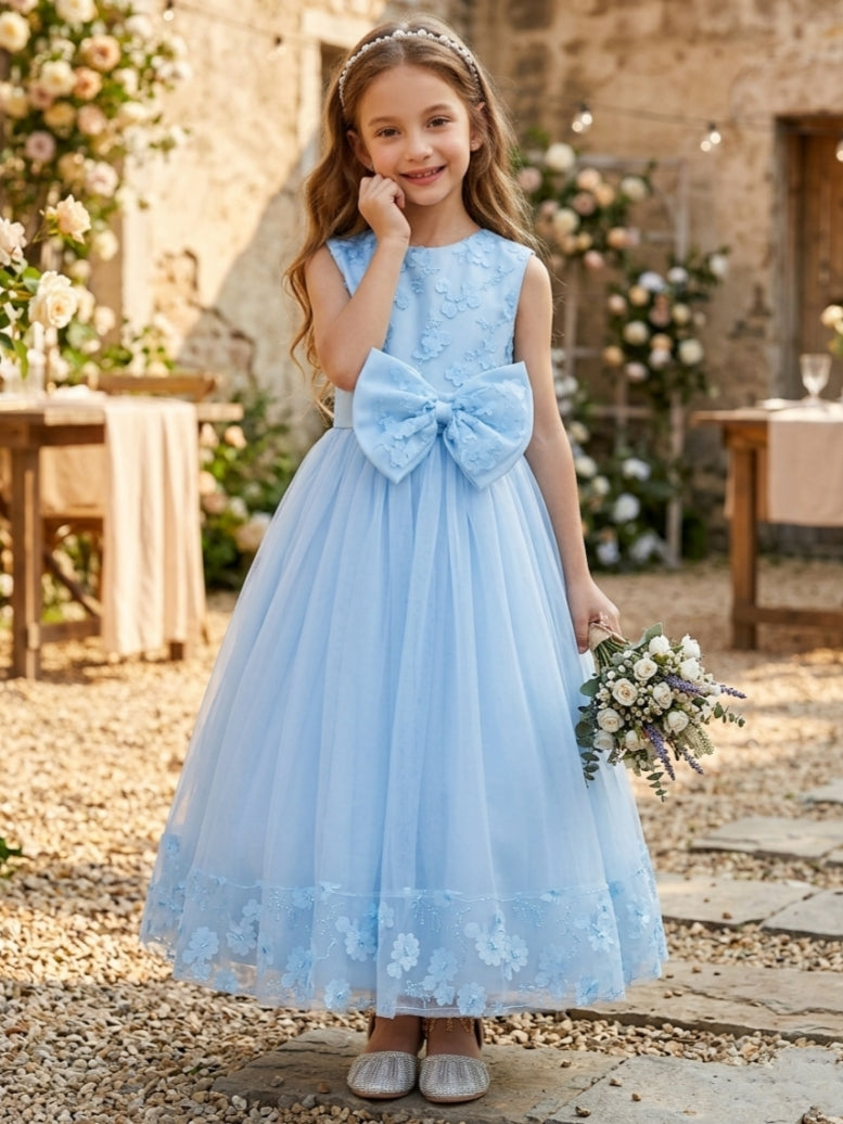 Robe pour Fille de Fleur, Ligne A/Princesse, Col Rond, Longueur de la Cheville, Sans Manches, Nœud Papillon