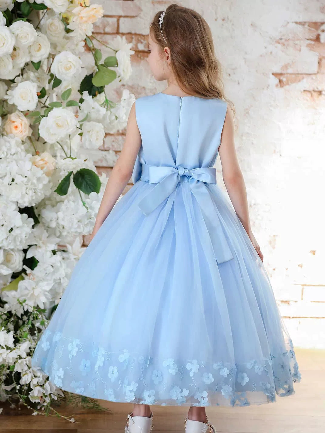 Robe pour Fille de Fleur, Ligne A/Princesse, Col Rond, Longueur de la Cheville, Sans Manches, Nœud Papillon