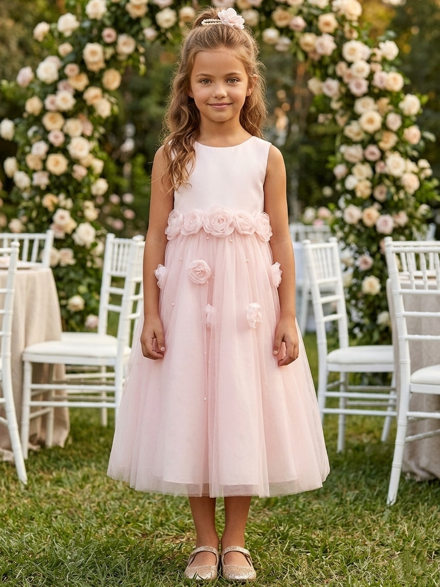 Robe pour Fille de Fleur, Ligne A/Princesse, Col Rond, Longueur du Thé, Sans Manches, Satin Élastique, 3d Fleurs