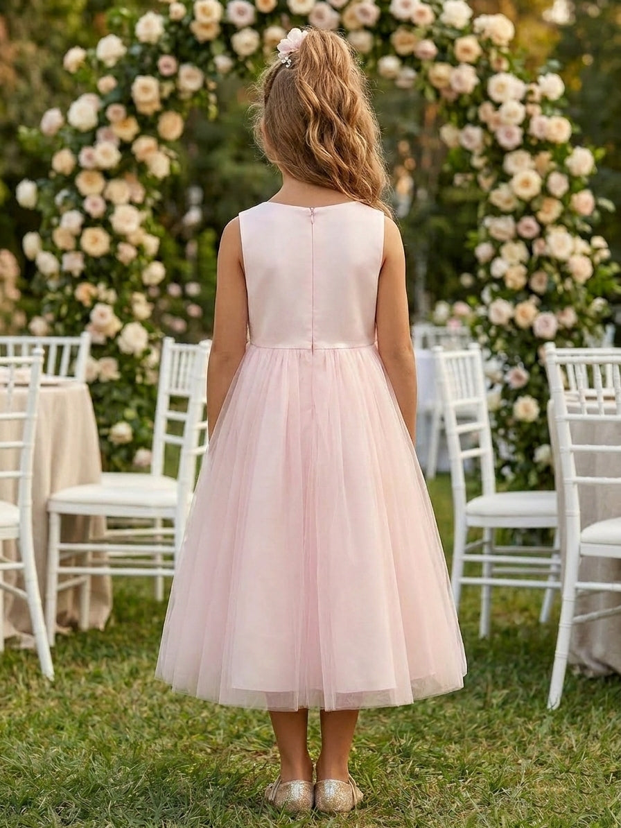 Robe pour Fille de Fleur, Ligne A/Princesse, Col Rond, Longueur du Thé, Sans Manches, Satin Élastique, 3d Fleurs
