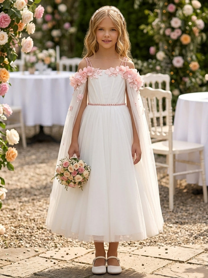 Robe pour Fille de Fleur, Ligne A/Princesse, Hors de l'épaule, Longueur du Thé, Sans Manches, Satin, 3D Fleurs