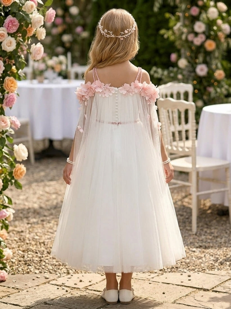 Robe pour Fille de Fleur, Ligne A/Princesse, Hors de l'épaule, Longueur du Thé, Sans Manches, Satin, 3D Fleurs
