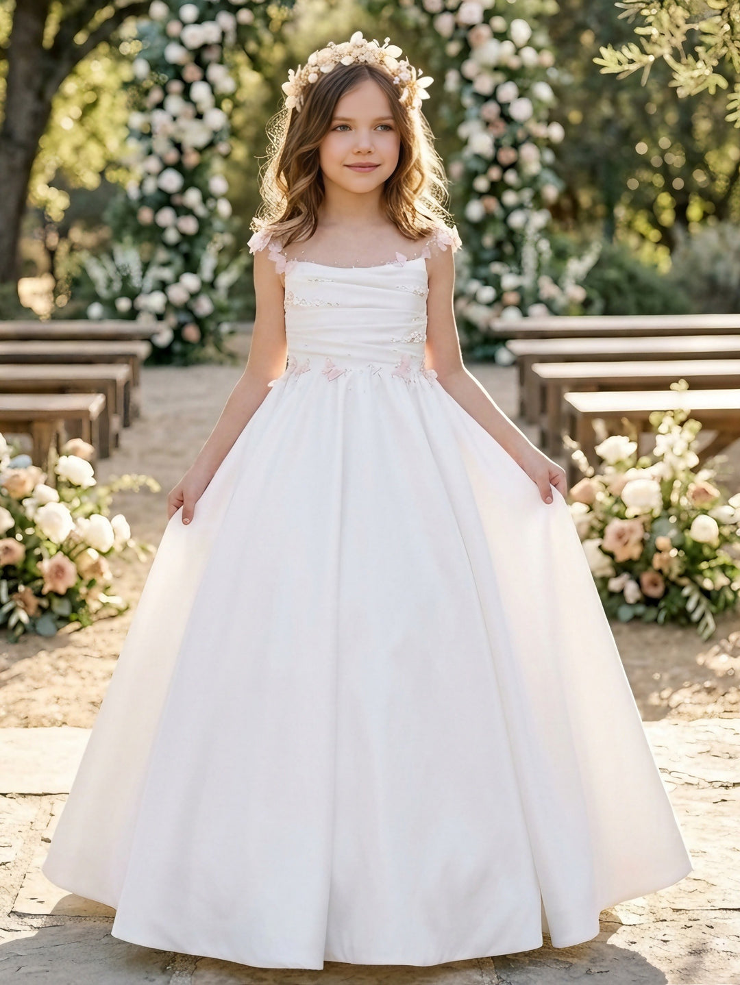 Robe pour Fille de Fleur, Ligne A/Princesse, Col Rond, Longueur au Sol, Sans Manches, Satin, 3D Fleurs