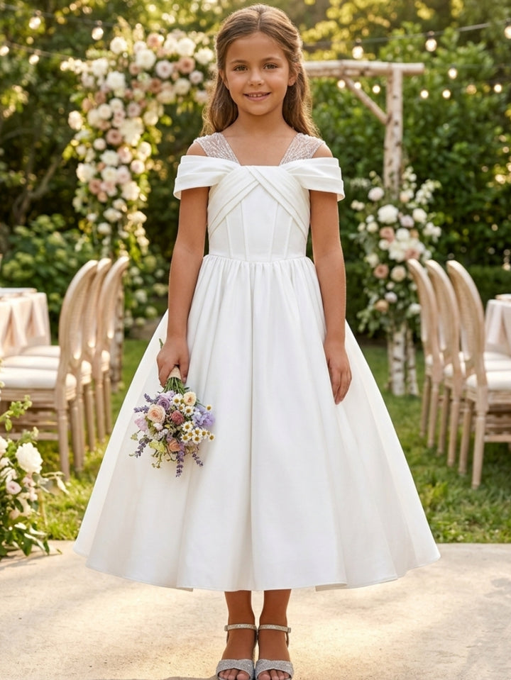 Robe pour Fille de Fleur, Ligne A/Princesse, Hors de l'épaule, Longueur du Thé, Sans Manches, Satin, Froncée