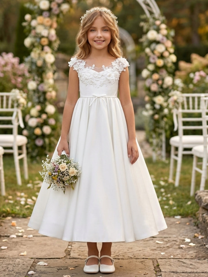 Robe pour Fille de Fleur, Ligne A/Princesse, Col en V, Longueur de la Cheville, Sans Manches, Satin, 3D Fleurs
