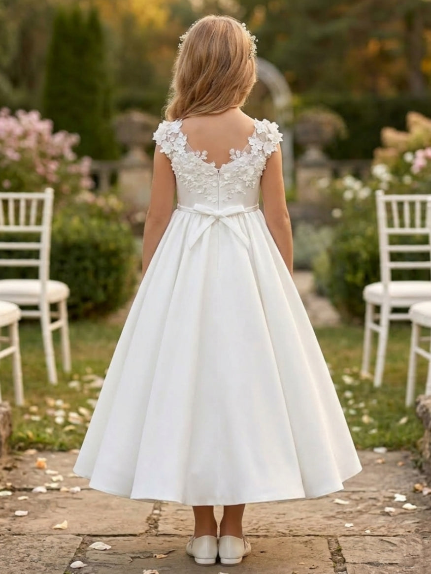 Robe pour Fille de Fleur, Ligne A/Princesse, Col en V, Longueur de la Cheville, Sans Manches, Satin, 3D Fleurs