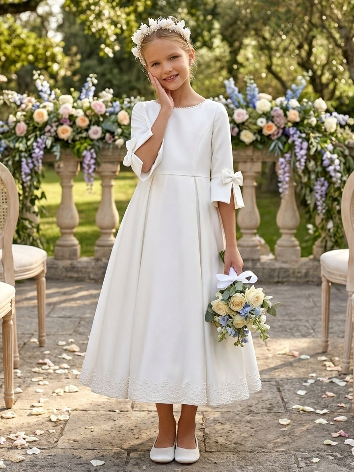 Robe pour Fille de Fleur, Ligne A/Princesse, Col Rond, Longueur du Thé, 3/4 Manches, Satin, Nœud Papillon