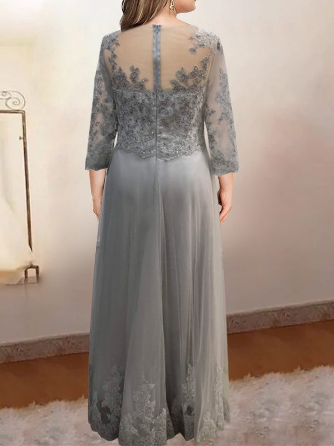 Robe de Mère de la Mariée Coupe A-Line/Princess, Col Transparent, Manches 3/4, Longueur Au Sol, avec Appliques