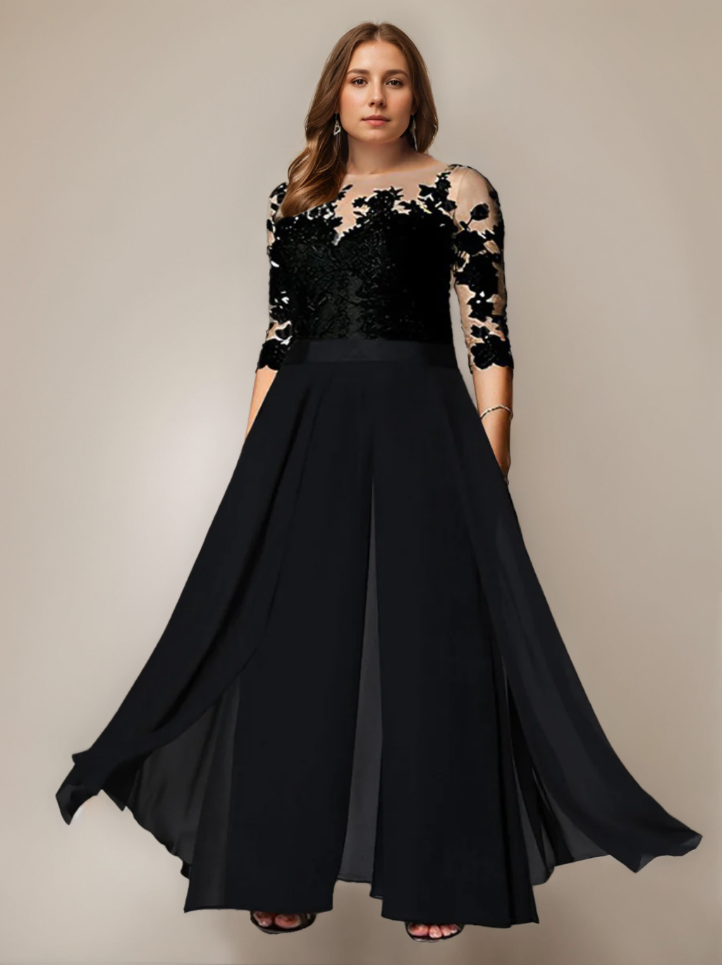 Tailleur-Pantalon pour Mère de la Mariée Grande Taille, Coupe A-Line/Princess, Col Bijou, Manches 3/4, Longueur Au Sol, avec Appliques
