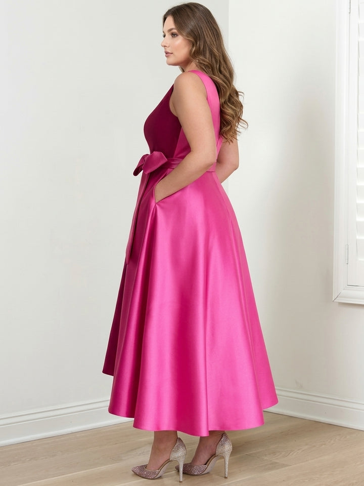 Robe de Mère de la Mariée Grande Taille, Coupe A-Line/Princess, Col en V, Sans Manches, Longueur Cheville, avec Poches et Volants